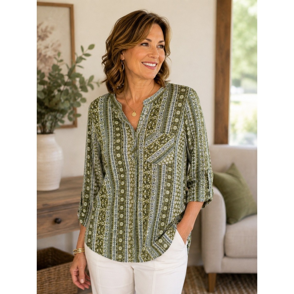 Eden & Olivia Womens Large Olive Green Floral Boho Blouse Roll Tab Casual Career